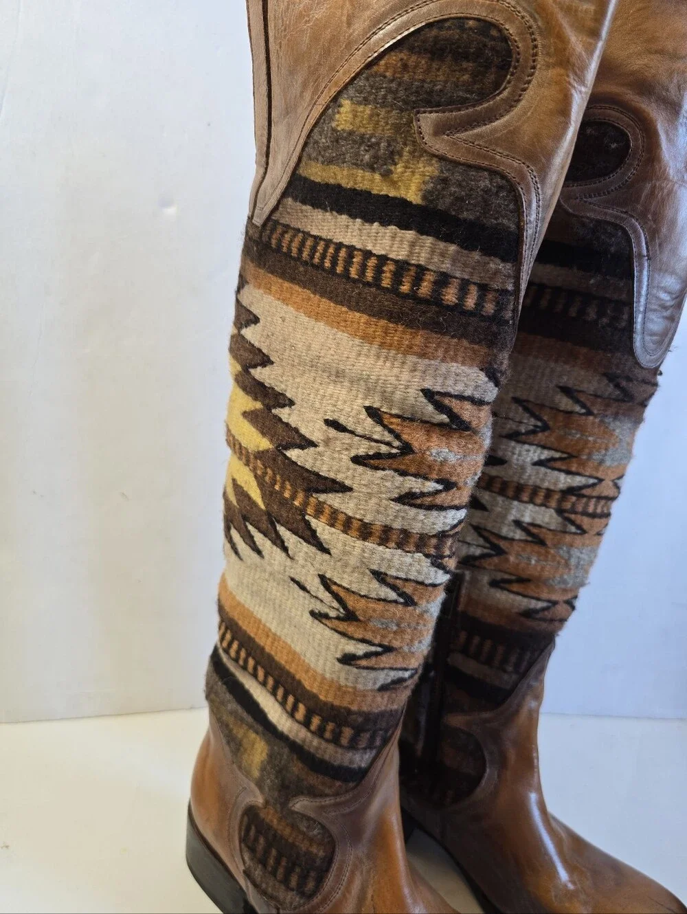 Freebird By Steven Sun Brown Leather and Aztec-Pattern Tall Boots Size 8